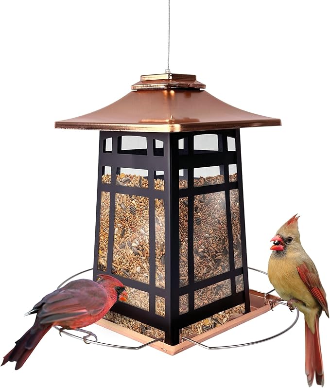 Nature's Way Outdoor Garden Décor Hanging Wild Bird Seed Feeder, Metal Copper Gazebo Feeder, Easy Fill, Rain Drainage, Black and Copper