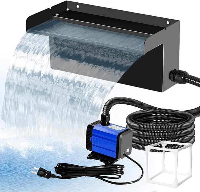 Pond Waterfall Kit with Pond Filter Box - 55W Submersible Pump & 12" Adjustable Waterfall Spillway | Complete Set with Extra Long Hose for Garden Ponds, Backyard Water Features
