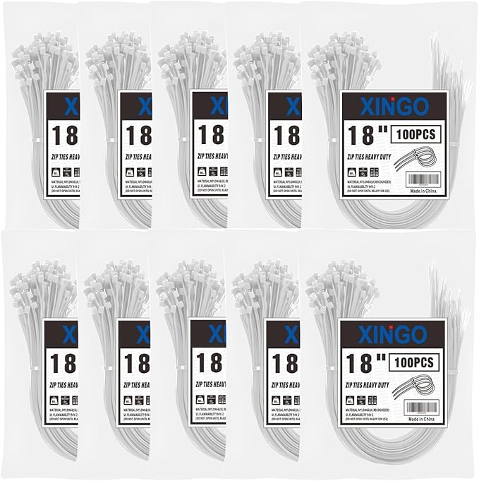 XINGO 1000PCS 18 Inch White Zip Ties Heavy Duty, 60lb Tensile Strength, UV Resistant Cable Ties for indoor and outdoor use ﻿