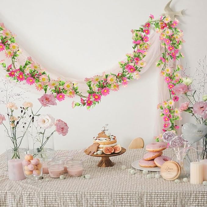 2 Pack Pink Flower Garland Daisy Flowers Silk Artificial Wildflower 13ft Wedding Floral Garland Fake Hanging Vines for Party Decoration Wall Backdrop Table Runner Indoor Outdoor Decor Multicolored