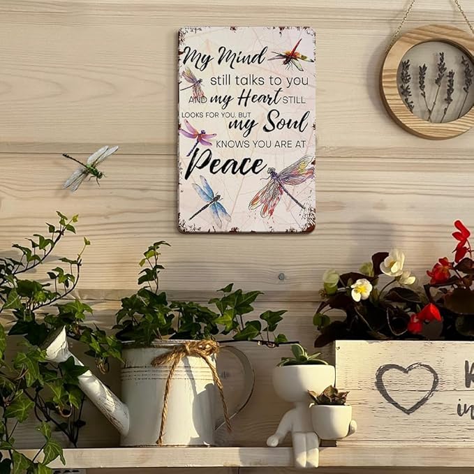 YOYI ART Metal Dragonfly Wall Decor Sign - My Mind Still Talks to You, Vintage Tin Signs for Home, Bedroom, Kithcen, Garden, Patio and Yard Wall Art Accessories, Gifts for Women, 8 x 12 inch