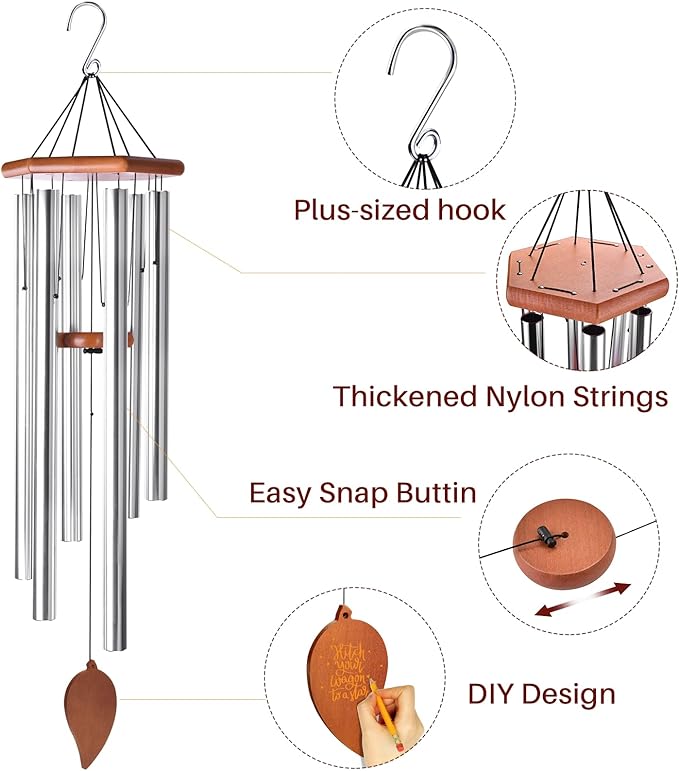 Sympathy Wind Chimes for Outside Deep Tone, Memorial Loss of a Loved, Large Wind Chimes with 6 Thicken Tubes & Hook, Outdoor Gifts Mother, Garden Decor (45IN Silver)