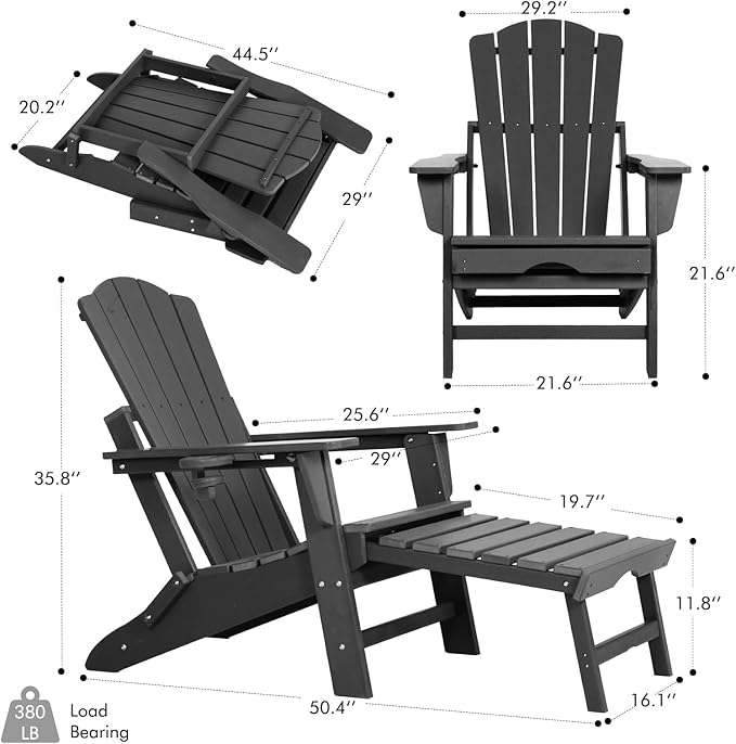 Folding Adirondack Chair with Retractable Ottoman Set of 2, All Weather Fire Pit Chairs with Cup Holder, Outdoor Chair with Ottoman,Black