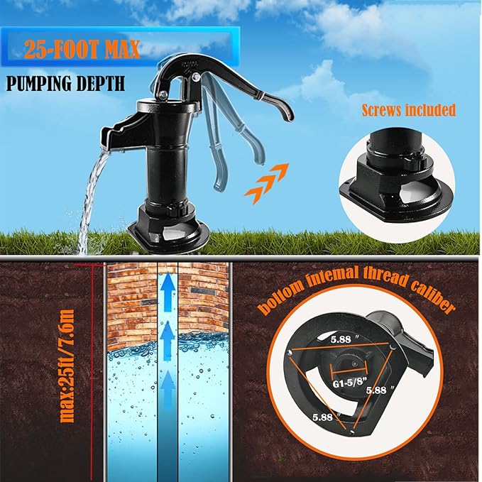 Durable Antique Cast Iron Pitcher Pump: Manual Hand Shake Suction Well Pump for Water Transfer, 25ft Maximum Lift, Easy Installation, Suitable for Outdoor Gardens, Ponds, and Backyards. (Black)