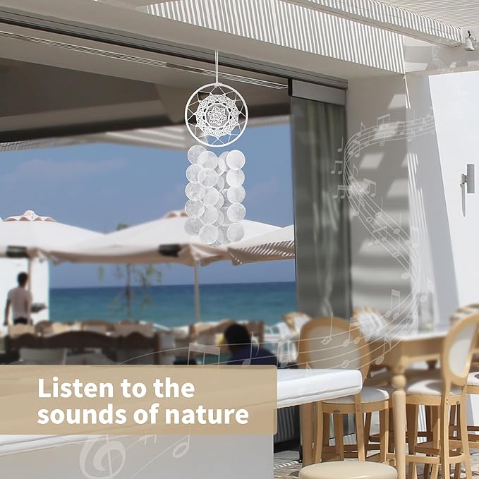 Handmade Capiz Wind Chimes for Outside, Outdoor Seashell Hanging Beach Coast Ocean Home Decorative, Unique Natural Shell Waterfall Windchimes for Summer Patio, Great Memorial Sympathy Gift（White