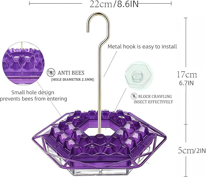 Hummingbird Feeder with Ant-Proof Moat Hummingbird Feeder, Easy to Clean and Refill Includes Hanging Hook, Features 30 Feeding Ports (Purple 1PCS)