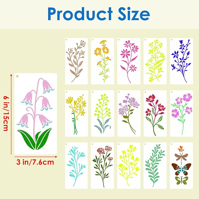 36 Pcs Wildflower Stencils for Painting on Wood & Canvas, 6x3 Inch Reusable Botanical Stencils, Plastic Floral Templates for Scrapbooking, Journals, DIY Art Crafts and Home Ornaments