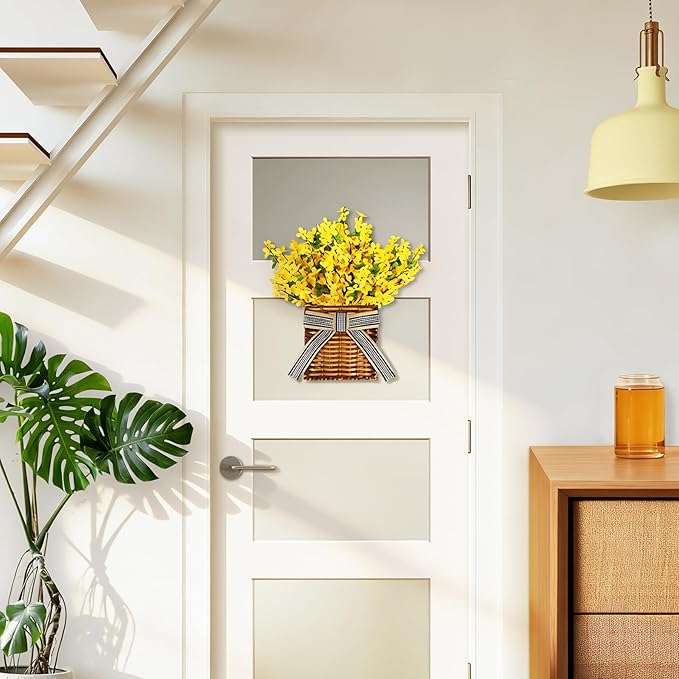 Yellow Forsythia Wreath Spring Door Hanger Basket Wreath, Artificial Spring Summer Flowers Wreathes with Green Leaves for Front Door Indoors Outdoor Decor Rustic and Farmhouse Yellow Wreathes
