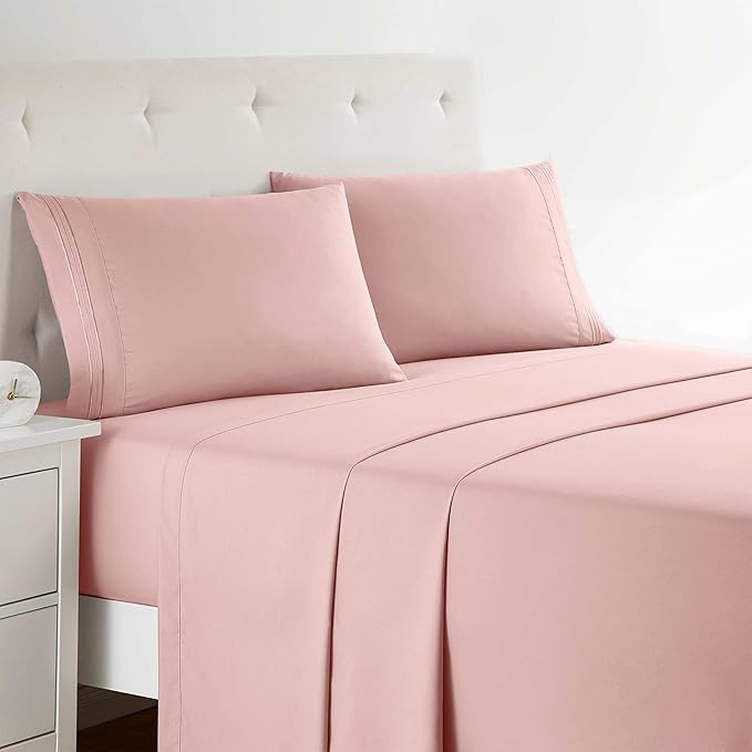 Clara Clark Bed Sheets, Premier 1800 Series Bed Sheet Set, Deep Pocket, Wrinkle, Fade, Stain Resistant, Luxury Soft Bedding Sheets & Pillowcases, Queen, Pink Beige