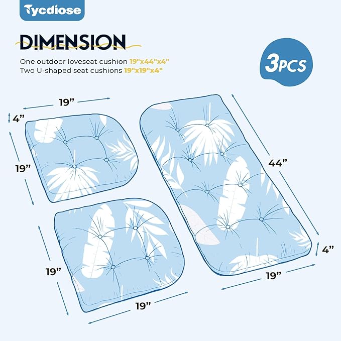 All Weather 3 Piece Wicker Furniture Chair Cushions, Waterproof Outdoor Wicker Chair Cushion for Patio Furniture Loveseat Settee Bench, 1 Loveseat and 2 U-Shaped Thickened Cushions, Blue Leaf