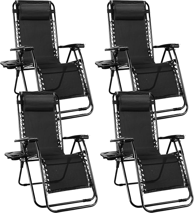 Sweetcrispy Zero Gravity Chairs, Set of 4 Portable Recliner Beach Camping Patio Outdoor Folding Lounge Chair with Cup Holder Trays and Adjustable Pillow for Poolside, Garden, Backyard, Lawn (Black)