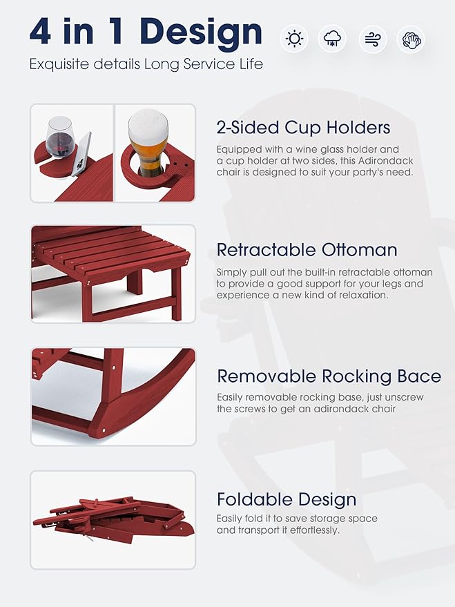 KINGYES Adirondack Rocking Chair Set of 2 with Retractable Ottoman and Cup Holders, HDPE Adirondack Rocker Patio Rocking Chair for Porch, Patio, Balcony, Burgundy Red