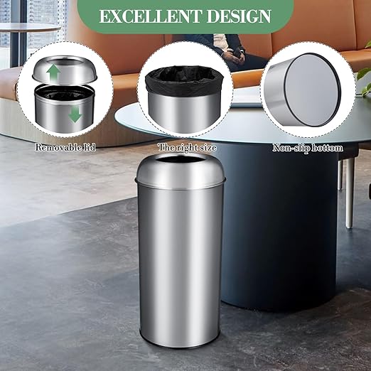 65L/17 Gallon Tall Commercial Trash Can, Large Capacity Outdoor Trash Can with Lid, Round Stainless Steel Open Top Waste Bin, Metal Garbage Bin for Home, Office, Restaurant, Restroom