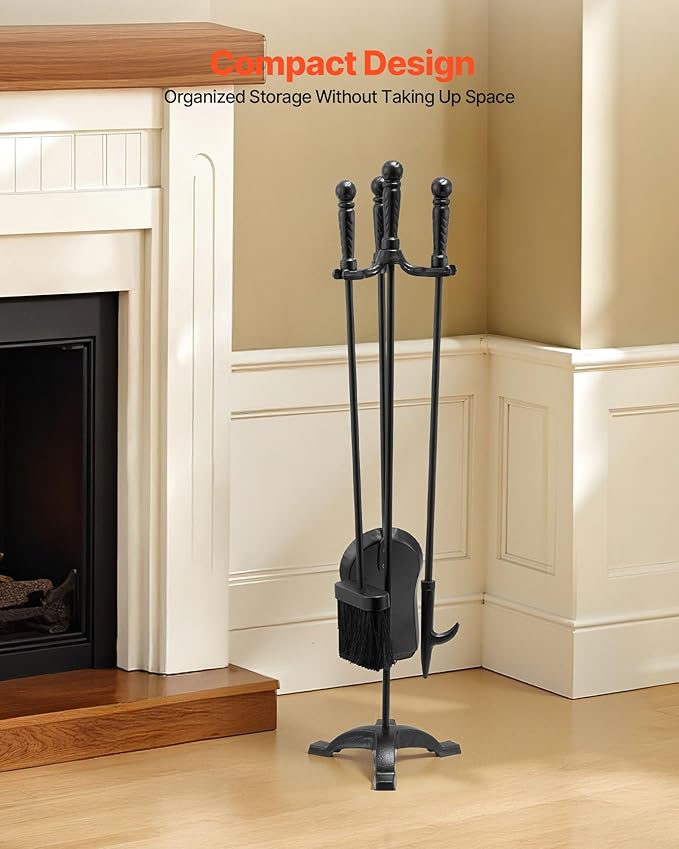 VEVOR Fireplace Tool Set, 4 PCS Fire Tool Set and Holder with Three-Prong Stand, Ash Shovel, Brush, Fire Place Poker, Wrought Iron Fireplace Accessories for Campfire Indoor/Outdoor, Black