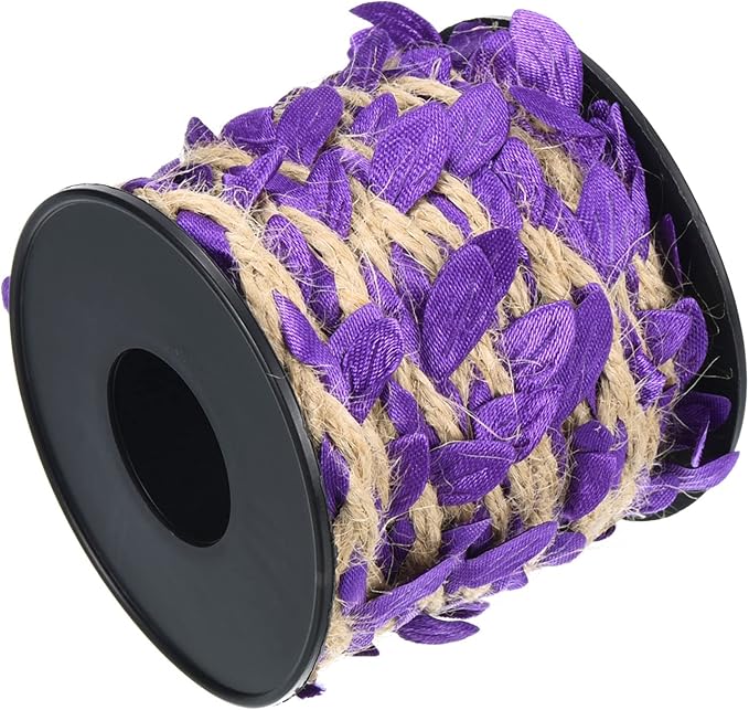 PATIKIL 33ft 5mm Burlap Leaf Ribbon, Braided Decoration Vine Natural Jute Rope Twine with Artificial Leaves for Jungle Wedding Party Home Garden Decor, Purple