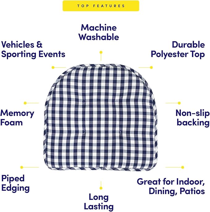 Sweet Home Collection Chair Cushion Memory Foam Pads Tufted Slip Non Skid Rubber Back U-Shaped 17" x 16" Seat Cover, 2 Count (Pack of 1), Checkered Navy/White
