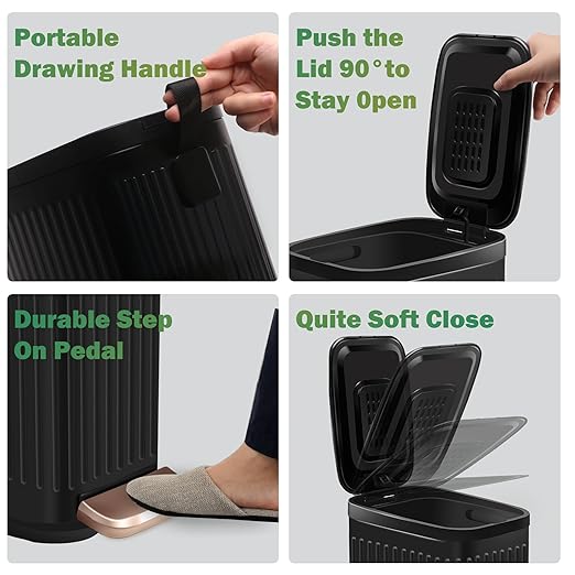 Small Dog Poop Trash Can Outside Soft Close Odor Filter&Step Pedal, 5L/1.3 Gal Stainless Steel Black Bathroom Garbage Can with Lid Inner Bucket,Slim Metal Waste Basket- Bedroom Office Cat Poop
