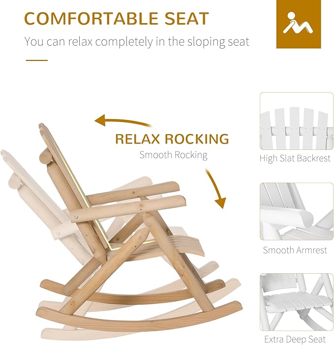 Outsunny Outdoor Wooden Rocking Chair, Single-Person Rustic Adirondack Rocker with Slatted Seat, High Backrest, Armrests for Patio, Garden and Porch, Natural