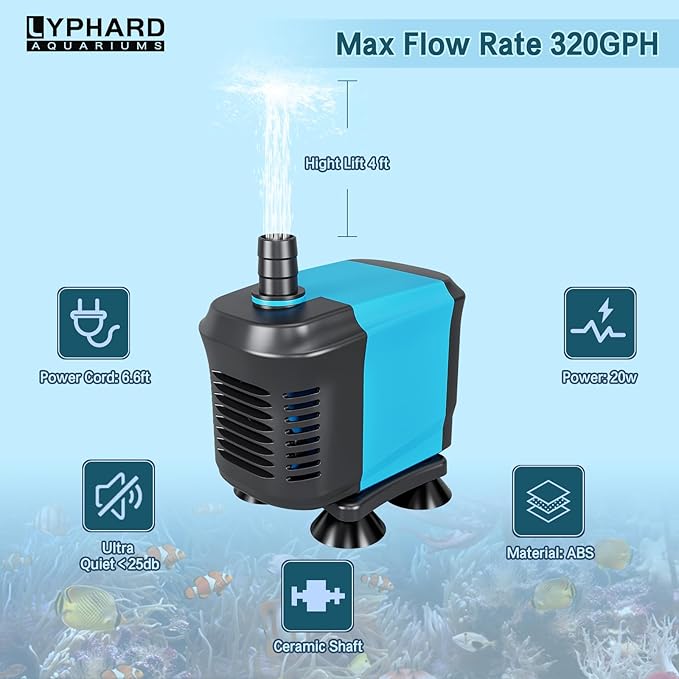 LYPHARD AQUARIUMS 20W Submersible Water Pump Flow 320GPH, High Lift 4ft, Ultra Quiet Pond Pumps Aquarium Pump for Fish Tank, Hydroponics, Outdoor Fountain
