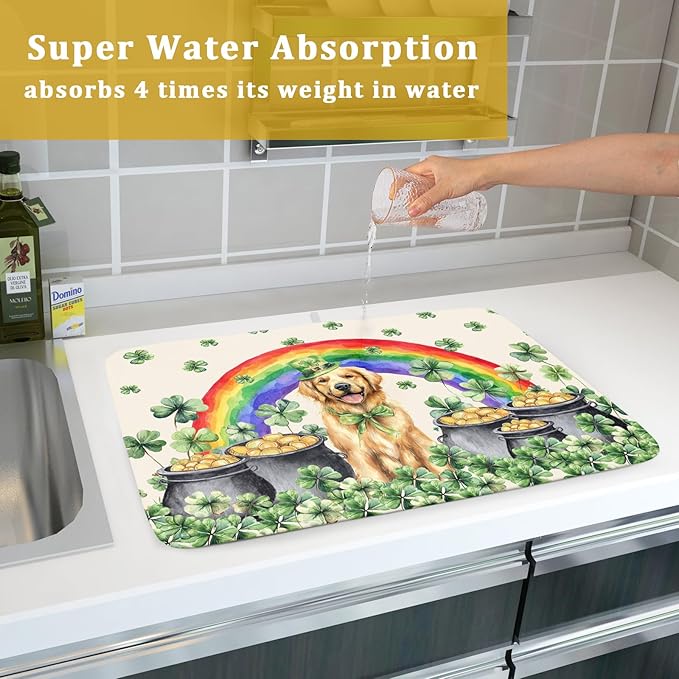 Funny Dog Dish Drying Mats for Kitchen Countertop Large Microfiber Absorbent Coffee Bar Mat