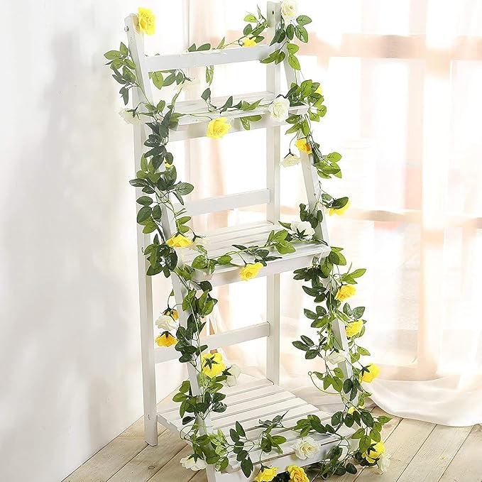 JUSTOYOU Artificial Rose Vines Yellow Flowers Garland Hanging Silk Rose Vine for Wedding Home Office Arch Arrangement Decoration 7.6FT(2PCS)