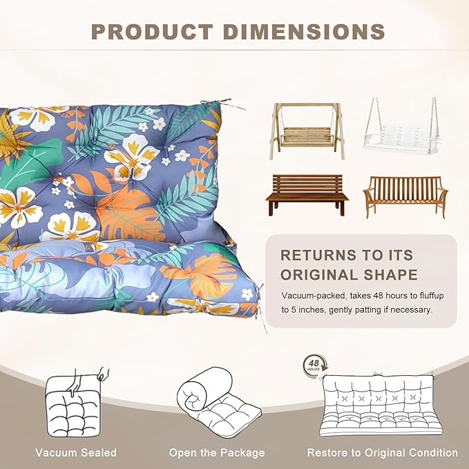 Porch Swing Cushion with Backrest,Waterproof Bench Cushion for Outdoor Furniture,2-3 Seater Replacement Thickened Swing Cushion with Ties,Patio,Outdoor,Backyard and Garden (Flower,40x40)