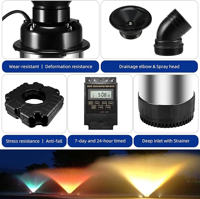 Floating Pond Fountain with 4pcs Led Lights 1HP 110V 750W with 98Ft Power Cord, Featuring a Timer, Metal Pond Waterfall Pump.