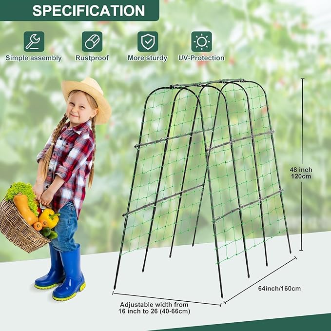 Garden Cucumber Trellis for Climbing Plants Outdoor, 65 x 48 inch U-Shaped Garden Arch Trellis, Pea Tomato Cucumber for Raised Bed, 120x160-BLK