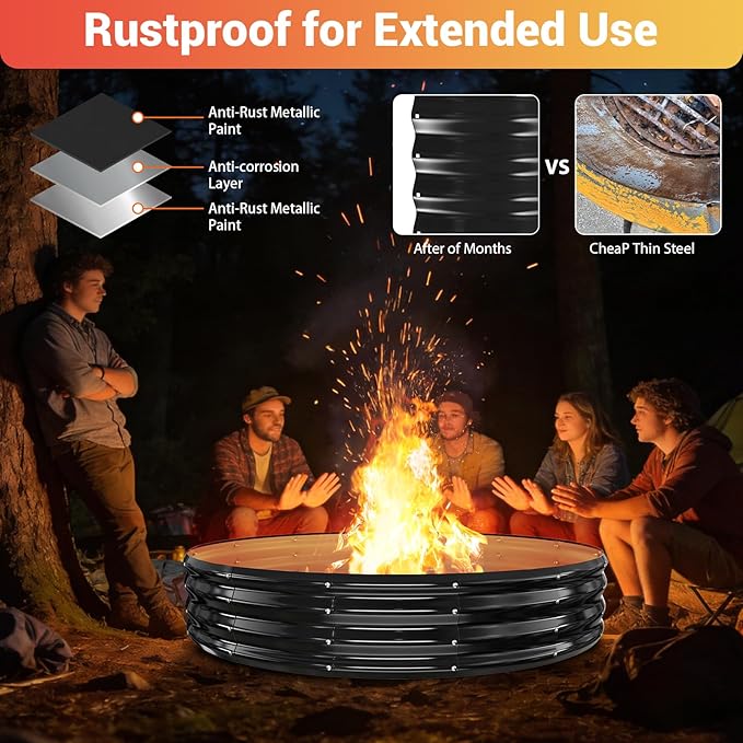 72 Inch Extra Large Fire Pit Ring for Outside, Heavy Duty Wood Burning Firepits & Outdoor Fireplace,12'' Tall High Heat Resistant Fire Bowl Galvanized Steel Portable for Backyard Bonfire,Patio,Camping