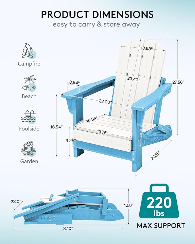 SERWALL Kids Adirondack Chair, HDPE Adirondack Chair for Children,All-Weather Resistant for Patio, Garden, Backyard - White and Light Blue