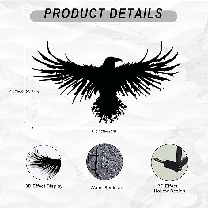 3D Metal Viking Raven Wall Art - Unique Black Crow Decor with Norse Mythology Gothic Waterproof Sculpture for Indoor Outdoor Living Room, Bedroom, Garden Home Decor