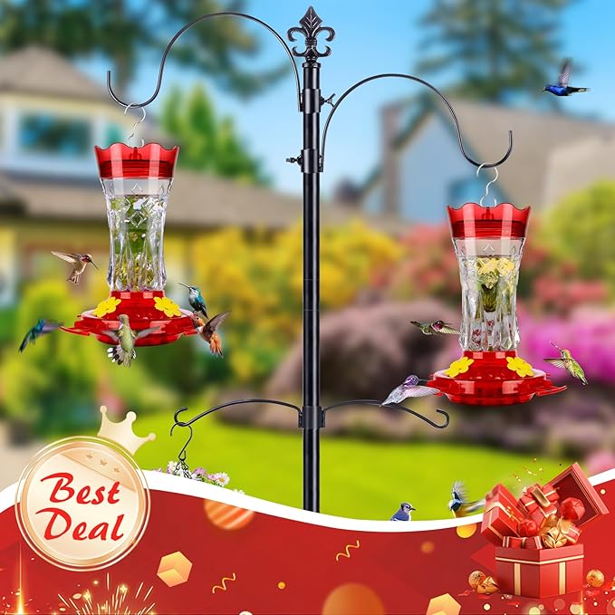 Hummingbird Feeders for Outdoors Hanging, BOLITE Glass Hummingbird Feeder, 4 Bee Guard Feeding Ports, Built-in Ant Moat, Leak Proof, 15 Ounces, Stars Decor, Red, 2 Pack, Gifts for Women Men