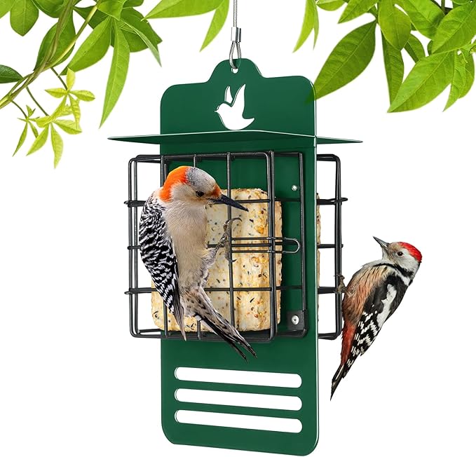 Veehoo Suet Bird Feeders for Outside Hanging, Woodpecker Feeder Double Suet Double Suet Feeder with Tail Prop & Weatherproof Roof, Wild Bird Feeder Suet Holder Suet Cakes Cage for Outside, Green