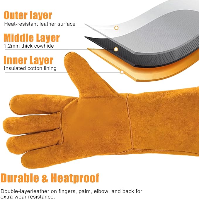 16INCH Welding Gloves 932℉ Fire & Heat Resistant - Premium Leather Forge Gloves for Welder, Blacksmith, Fireplace, Wood Stove, Fire Pit, Grilling, Furnace
