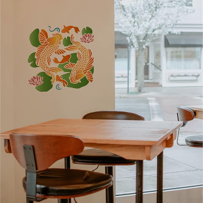 FINGERINSPIRE Koi in Lotus Pond Stencils 11.8x11.8inch Fancy Carps Drawing Painting Stencils Koi Leaping Lotus Leaf Wall Stencils Washable Mylar DIY Art Craft for Painting on Wood, Floor and Tile