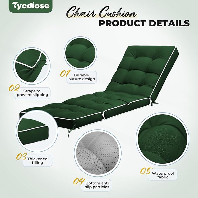 Outdoor Chaise Lounge Chair Cushion, Waterproof Non-Slip Patio Chaise Lounge Cushions for Outdoor Furniture, Thickened Patio Pool Lounger Chair Cushion, 76.4 x 22.8 x 4.7 Inches, Green