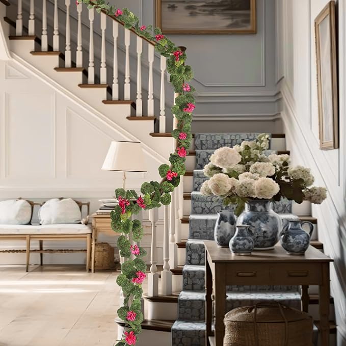 CISDUEO 2 Pcs Spring Summer Flower Garland Geranium Artificial Garland Outdoors Rose Red Geranium Artificial Flowers UV Resistant Hanging Basket Floral Garland for Porch Farmhouse Centerpiece Decor