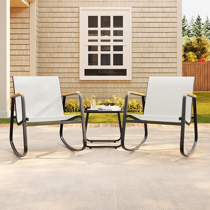 Aiho 3-Piece Patio Furniture Set, Outdoor Furniture with Textilene Fabric Rocker Chairs with Coffee Table, Patio Bistro Sets for Garden, Balcony, Poolside(White)