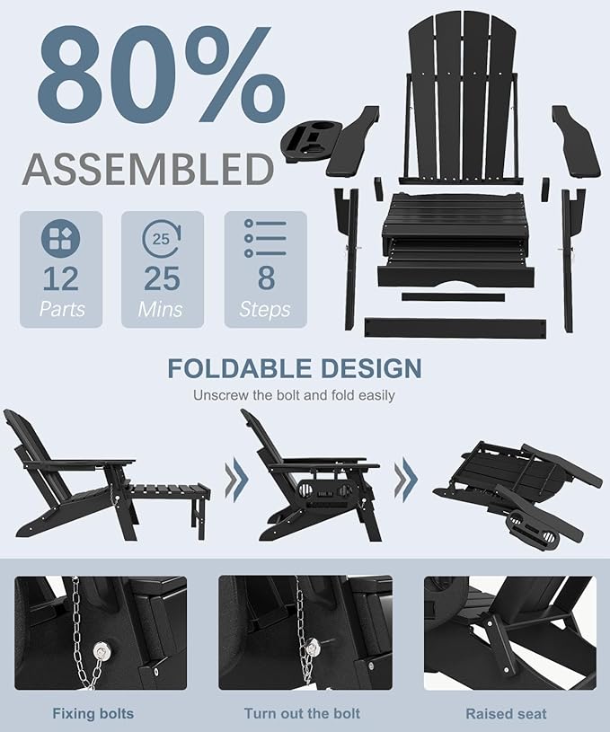 Adjustable Adirondack Chair with Retractable Ottoman, HDPE Folding Adirondack Chair with Cup Holder, All Weather Fire Pit Chair for Outdoor.