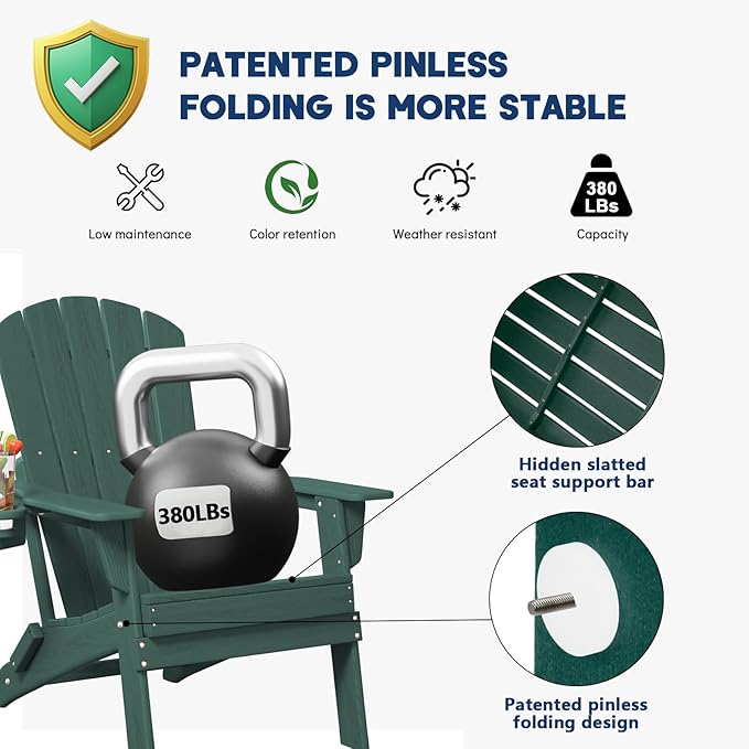 Plawdlik Folding Adirondack Chair, SGS Tested, Wooden Textured with Cup Holder, Heavy All-Weather HDPE Comfortable Set Poolside Backyard Lawn Green Set 2