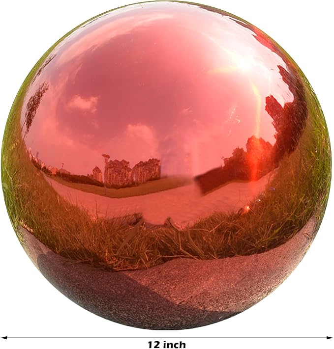 Nerien 12 Inch Gazing Ball, Stainless Steel Garden Mirror Globe, Polished Ornament Sphere, Hollow Floating Reflective Hemisphere, Home Outdoor Pond Housewarming Swimming Pool Decoration Gift, Red