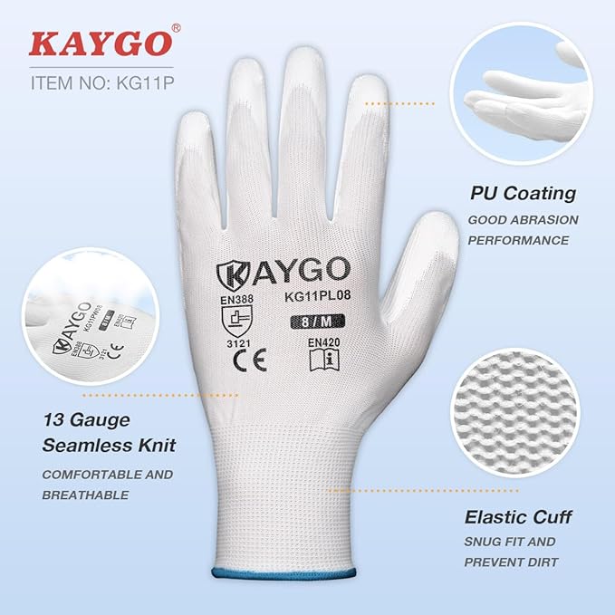 KAYGO Safety Work Gloves PU Coated,60 Pairs KG11P Seamless Knit Glove with Polyurethane Coated Smooth Grip on Palm & Fingers for Men and Women (M, White)
