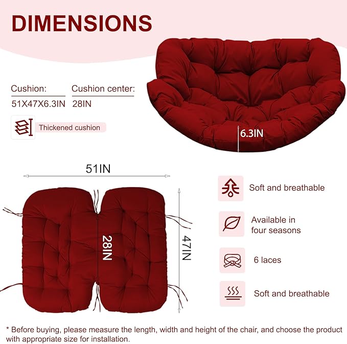 Outdoor Rocking Chair Cushion – Waterproof Wicker Egg Chair Replacement Pad, Thick Papasan Seat Cushion with Ties for Indoor & Outdoor Patio, Porch, Balcony, or Garden (Red)