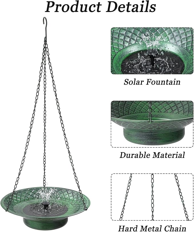 Hanging Bird Bath with Solar Fountain, 12.6" Solar Powered Bird Bath, Metal Hummingbird Fountain Bird Bath for Garden, Patio, Lawn Decor, Green