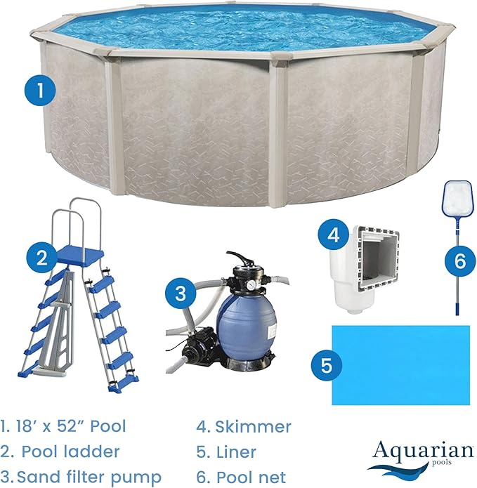 Aquarian Phoenix Round Above Ground Swimming Pool Kit, 18' x 52" - Includes Ladder, Sand Filter Pump, Thru-Wall Skimmer, Liner & Leaf Net, Steel Frame w/Galvanized Walls, Outdoor or Backyard Setup