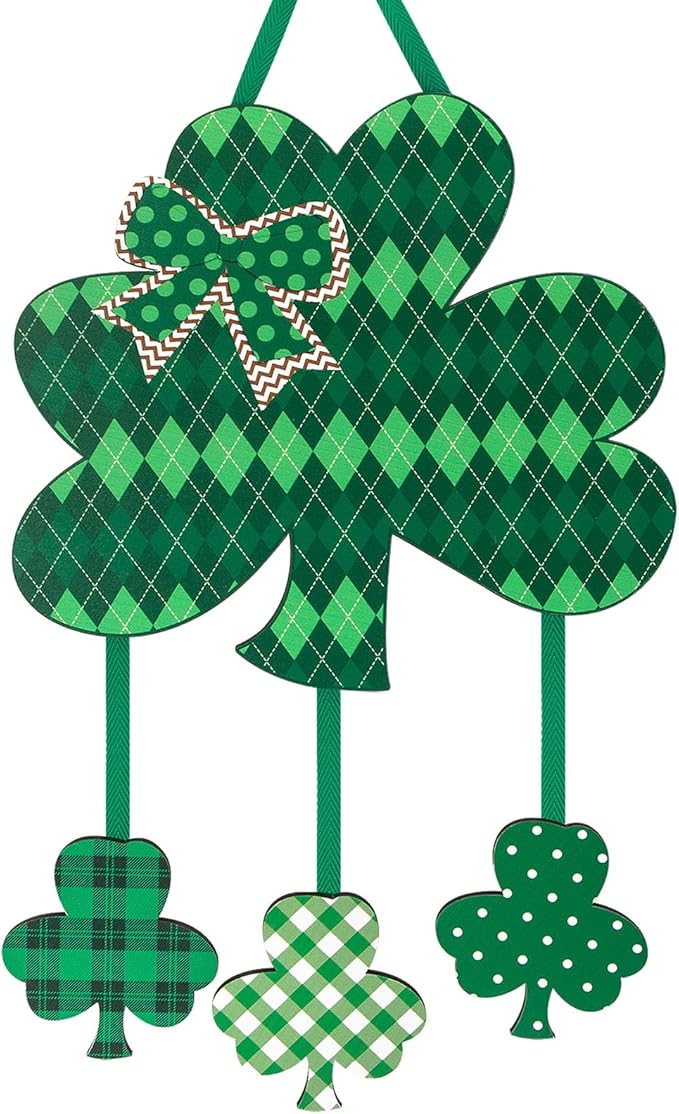 Wooden St. Patrick's Day Decoration Door Wreath for Front Door Sign Wall Signs Shamrock Clover Spring Decoration, Irish Sign Welcome Hanging for Home Wall Decor Party Outdoor Indoor Supply Shamrock