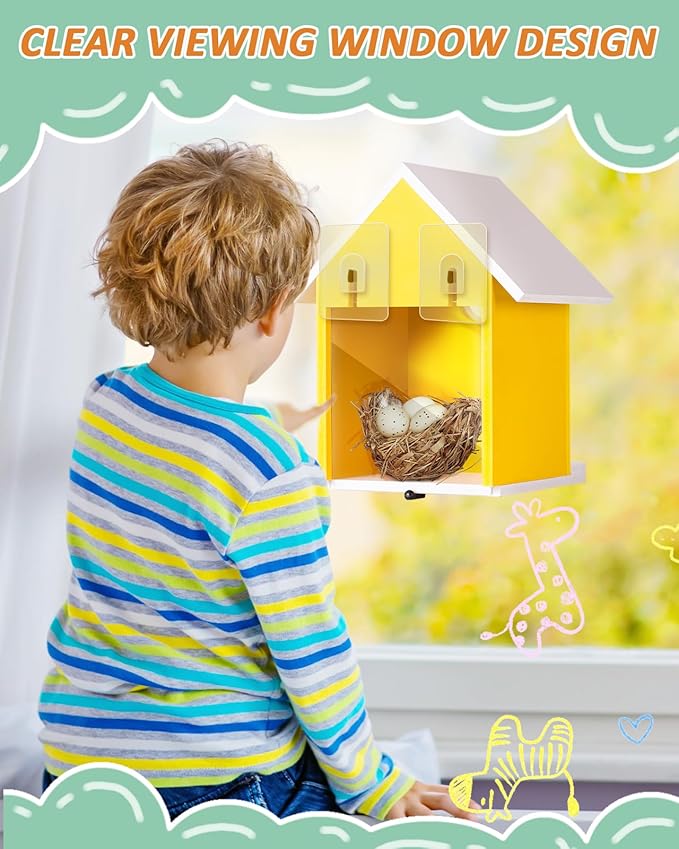 Water Proof Window View Bird House for Outside with 2 Powerful Hooks,Vinyl Birdhouse for Viewing Inside, Multifunctional Entrance For Various Birds 1.25" + 1.5" Hole, 10 Years Performance（Yellow）