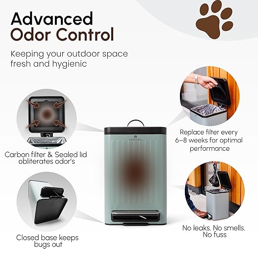 Small Dog Poop Trash Can Outside – 6L/1.6 Gallon Dog Small Trash Can with Lid, Odor-Locking Carbon Filter System, Hands-Free Stainless Steel Pedal, Easy-Clean Removable Bucket, Sage Green