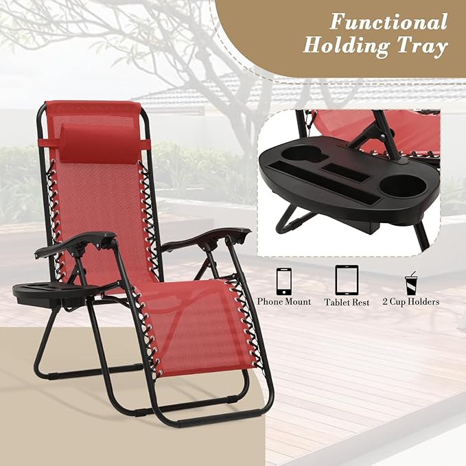 Athena Collection Zero Gravity Chair, Outdoor Lounge Chair with Adjustable Pillow and Cup Holder, Reclining Camping Chair for Outside Beach Lawn Garden Patio Poolside Set of 2- Maroon