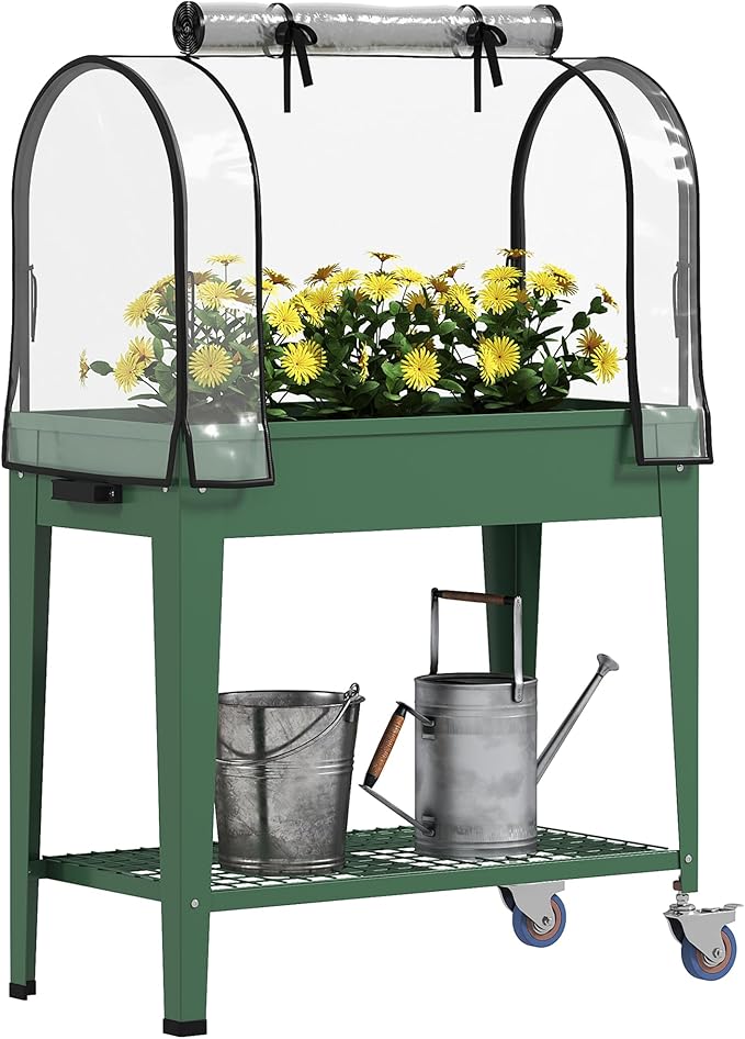 Outsunny Raised Garden Bed with Greenhouse Cover, Large Metal Outdoor Elevated Planter Box with Lockable Wheels, Storage Shelf and Drainage Hole for Vegetables, Flowers, Herbs, Green
